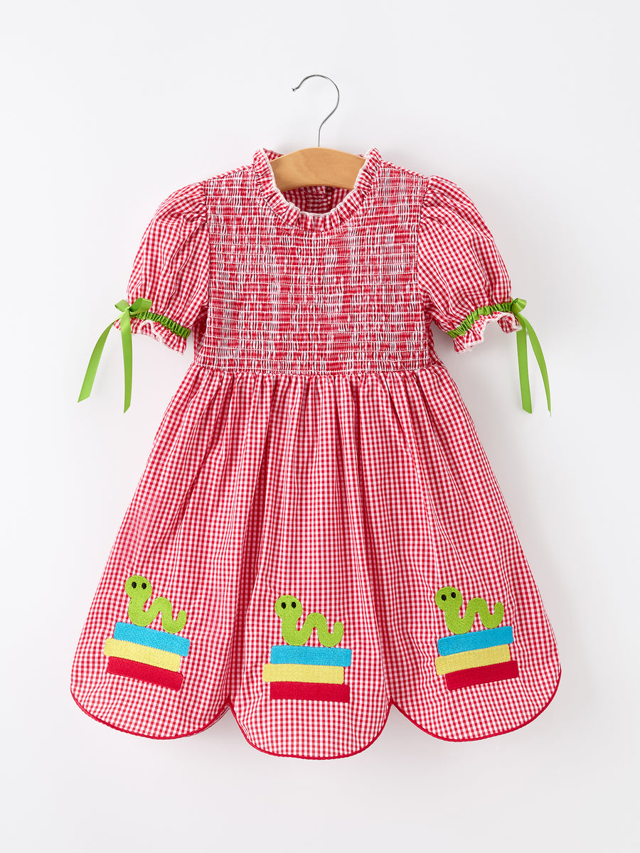 Girls Back To School Worm Plaid Twirl Dress Smocked