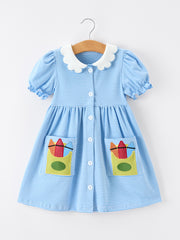 Girls Back To School Pencil Dress Petals Collar Pocket Applique