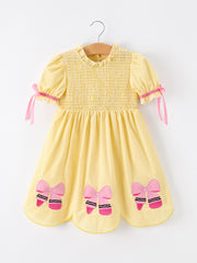 Girls Back To School Pencil Twirl Yellow Dress Bow Applique Smocked
