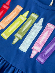 Girls Back To School Crayon Twirl Dress Ruffle Applique