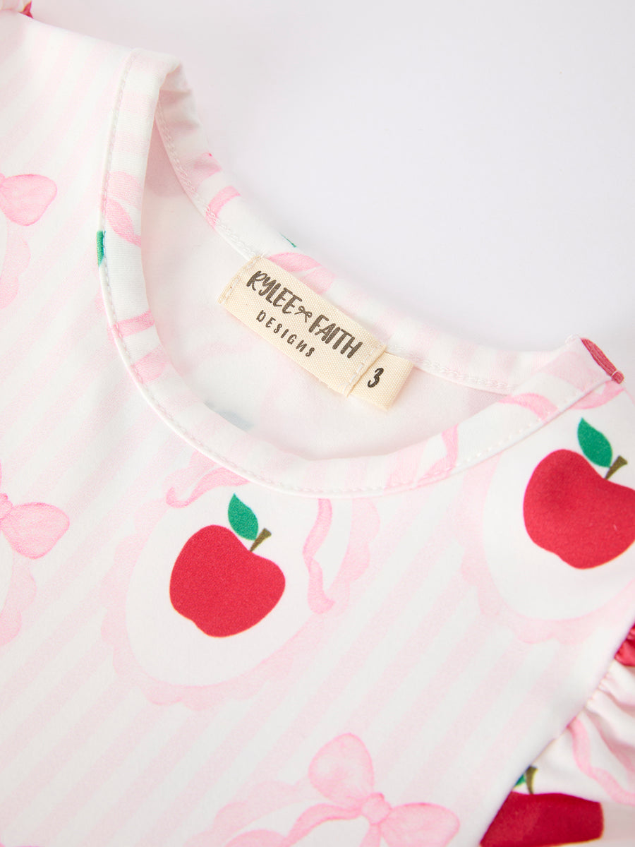 Girls Back To School Apple Bow Pocket Ruffle Top Shorts Set