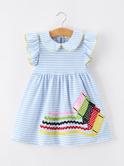 Back To School Girls Stripe Pencil Applique Bow Dress