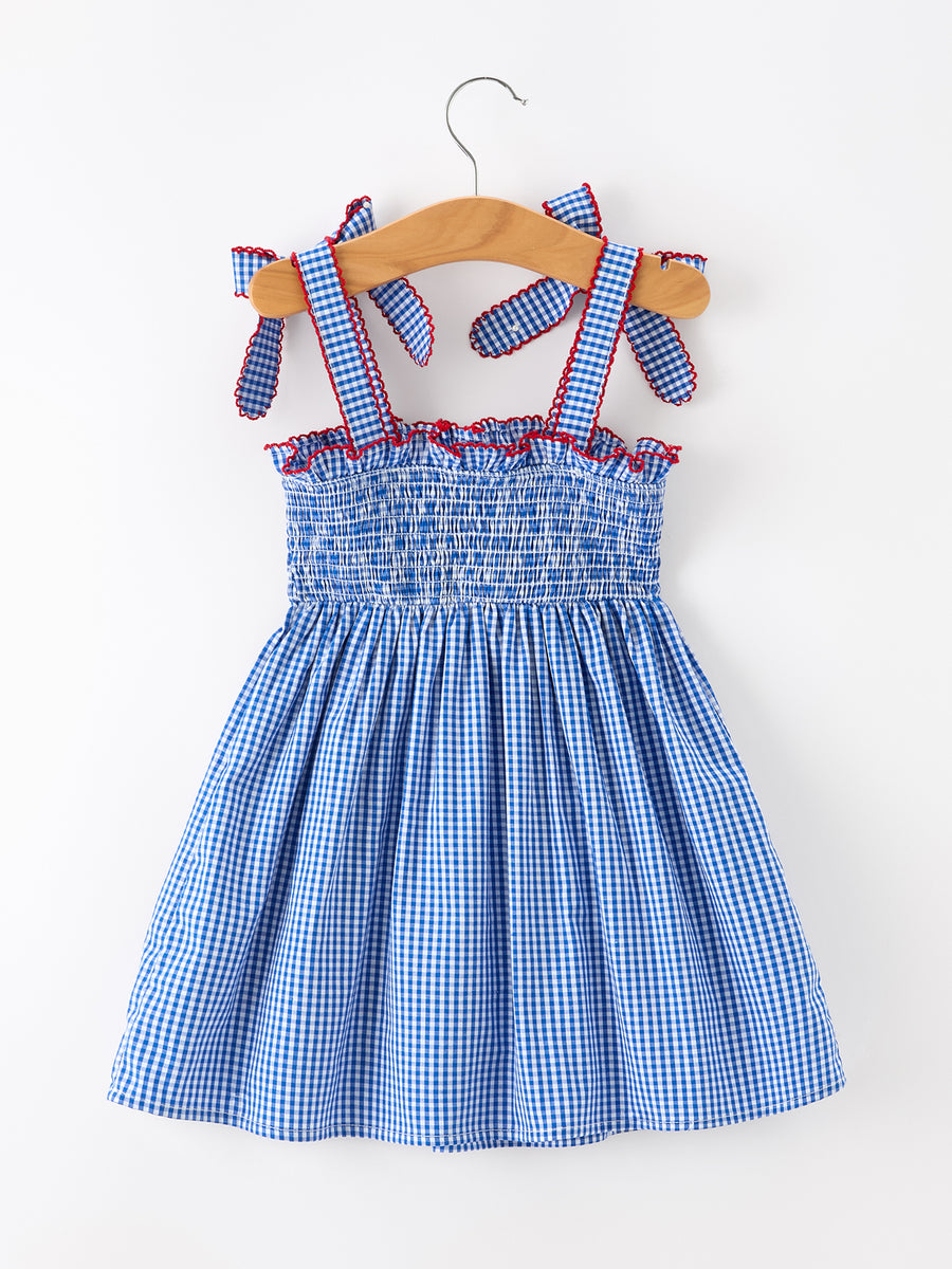 Girls 4th of July Plaid Twirl Dress Bow Smocked
