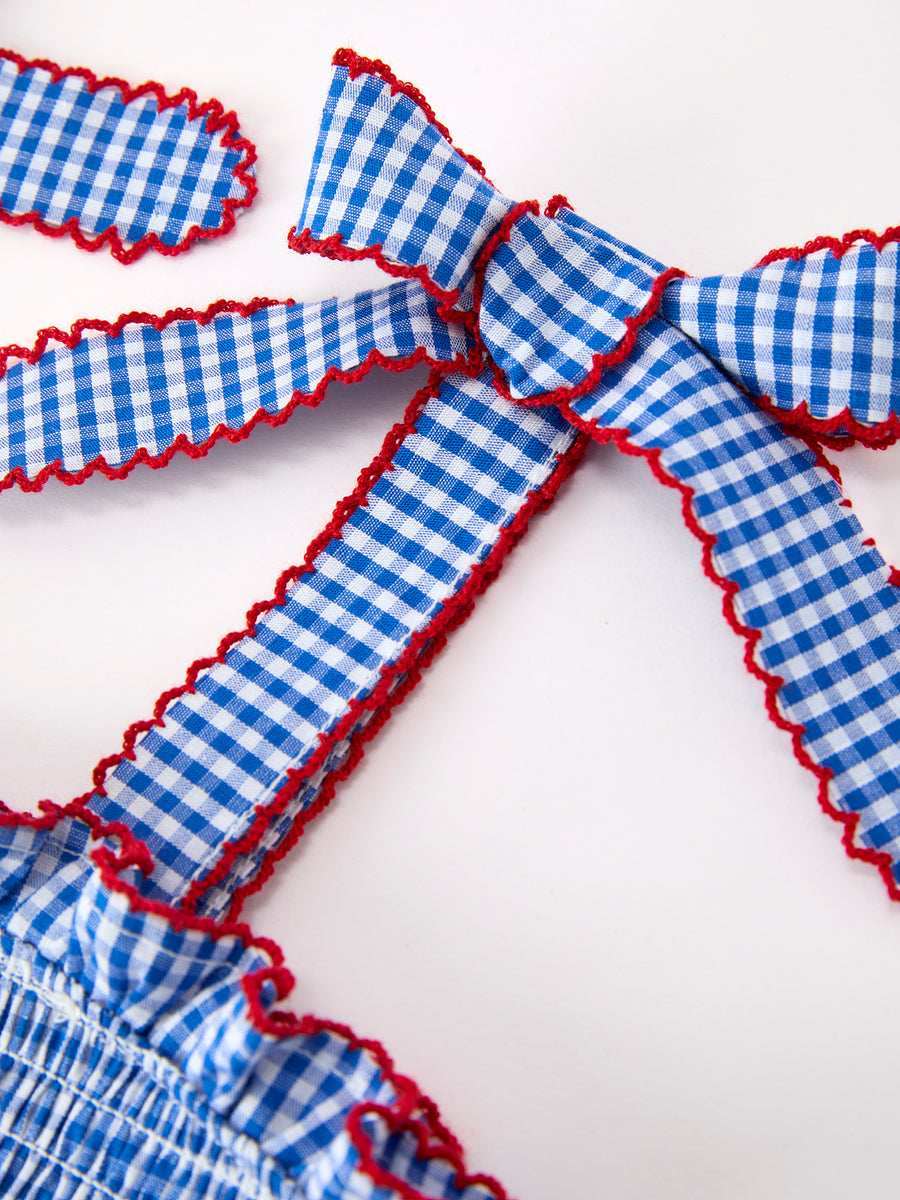 Girls 4th of July Plaid Twirl Dress Bow Smocked