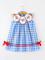 Girls 4th of July Plaid Twirl Dress Bow Embroidery Petals Collar