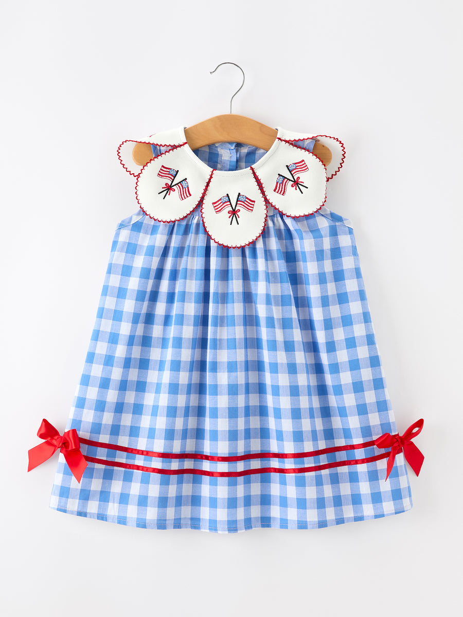 Girls 4th of July Plaid Twirl Dress Bow Embroidery Petals Collar