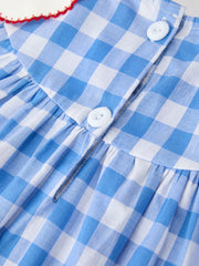 Girls 4th of July Plaid Twirl Dress Bow Embroidery Petals Collar