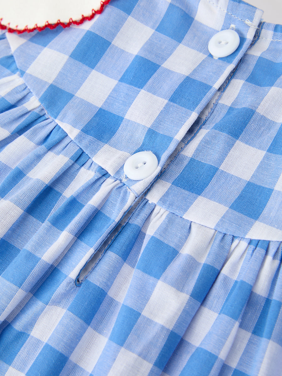 Girls 4th of July Plaid Twirl Dress Bow Embroidery Petals Collar