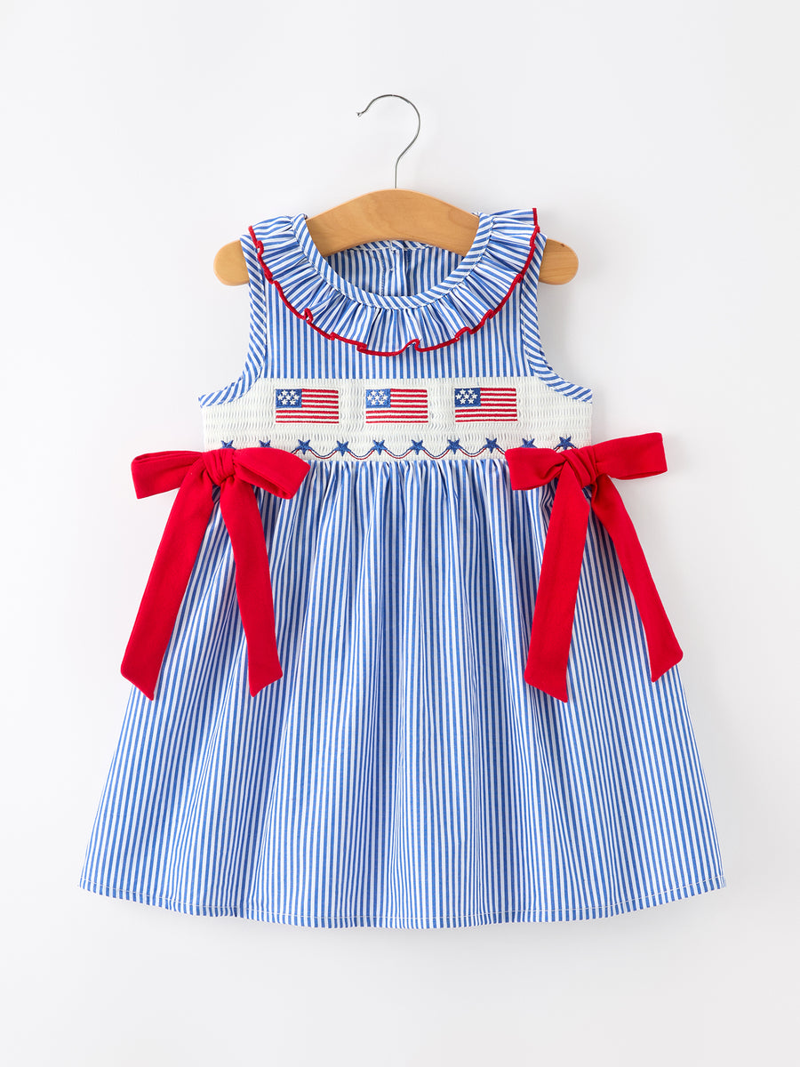 Girls 4th of July Twirl Dress Bow Smocked Embroidery