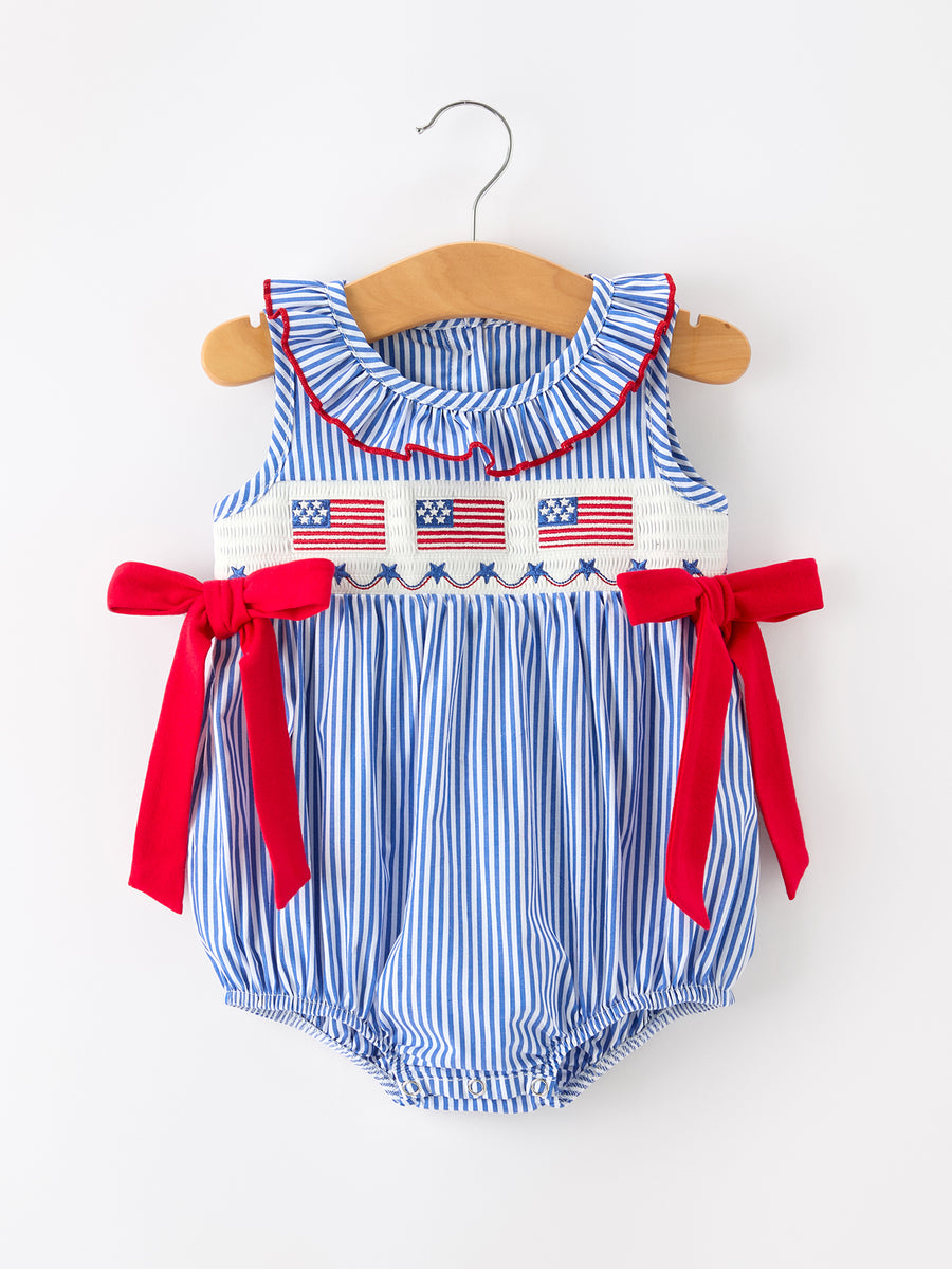Girls 4th of July Plaid Romper Bow Smocked Embroidery
