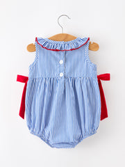 Girls 4th of July Plaid Romper Bow Smocked Embroidery