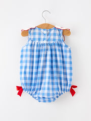 Girls 4th of July Plaid Romper Bow Embroidery Petals Collar