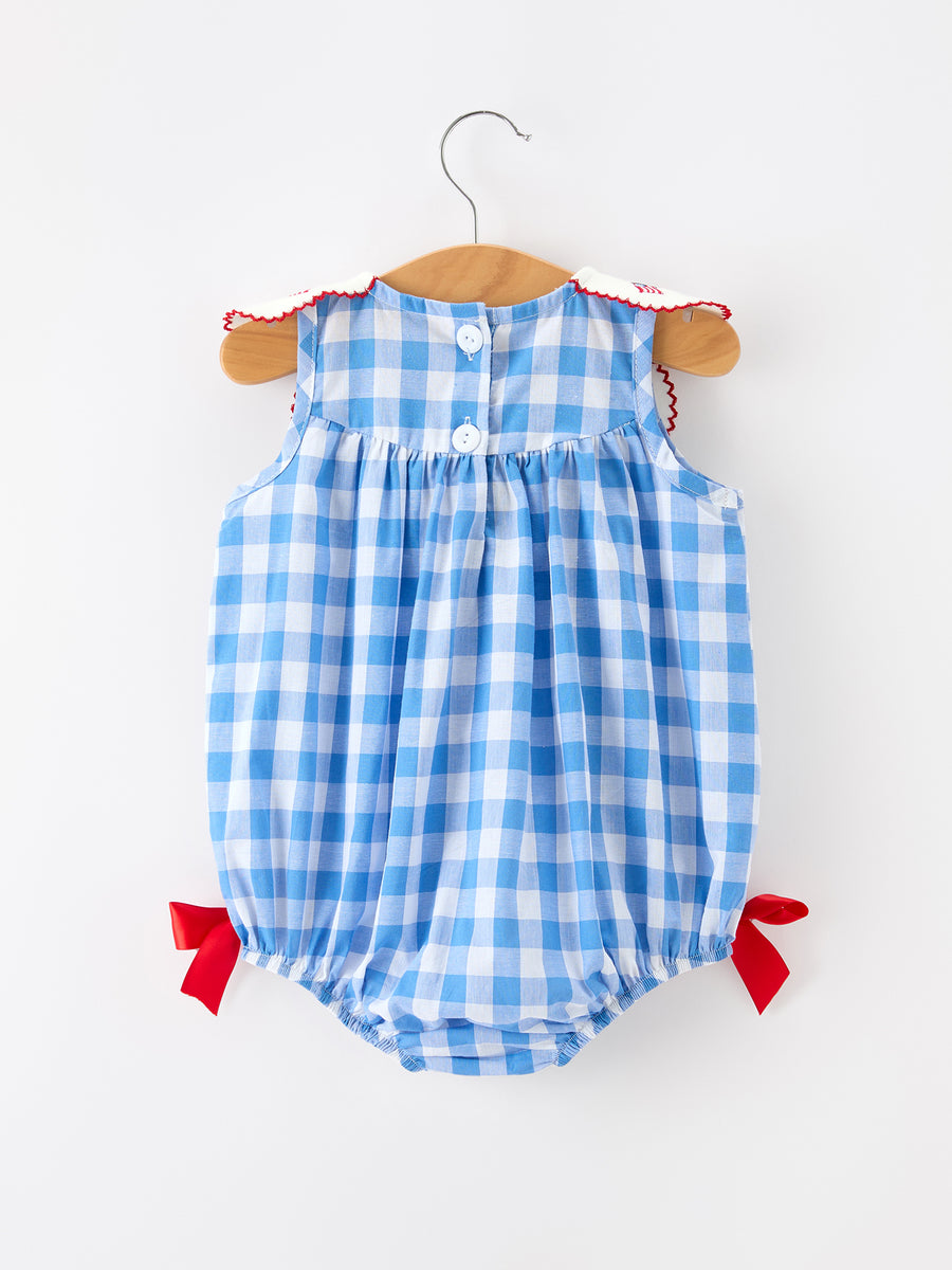 Girls 4th of July Plaid Romper Bow Embroidery Petals Collar