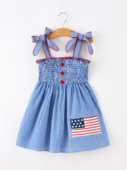 Girls 4th of July Plaid Twirl Dress Bow Smocked