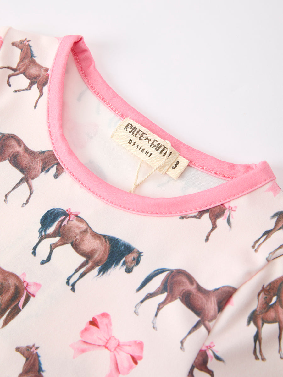 Girls Western Horse Bow Pajamas Set Print