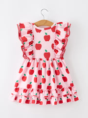 Girls Back To School Apple Twirl Dress Ruffle Flutter Sleeve