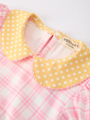 Girls Back To School Pencil Plaid Twirl Dress Bow Petals Collar