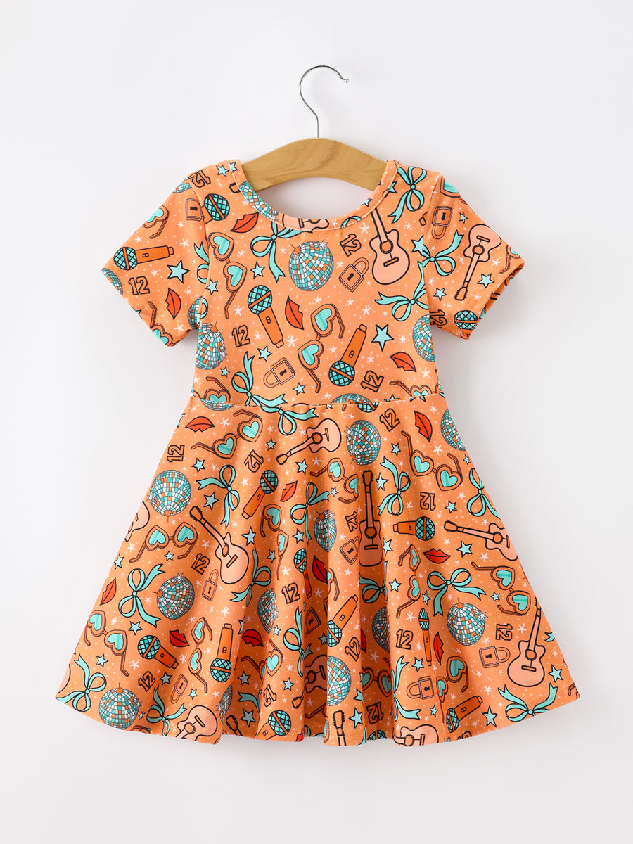 Girls Music Guitar Instrument Short Sleeve Twirl Dress