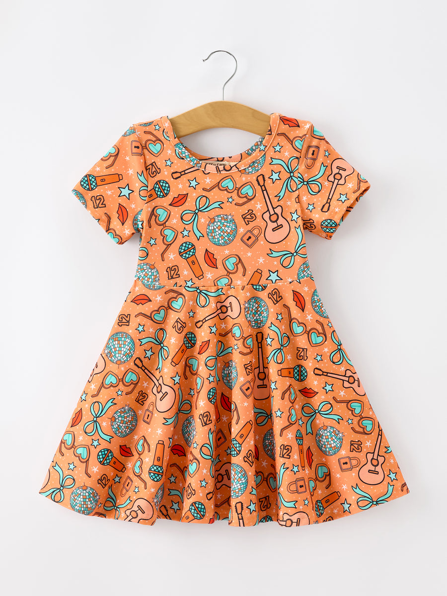 Girls Music Guitar Instrument Short Sleeve Twirl Dress