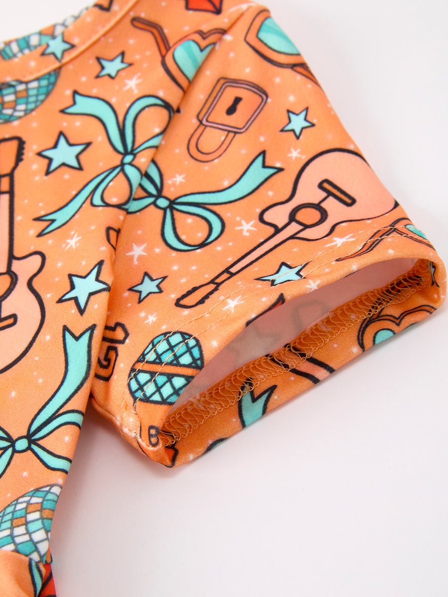 Girls Music Guitar Instrument Short Sleeve Twirl Dress