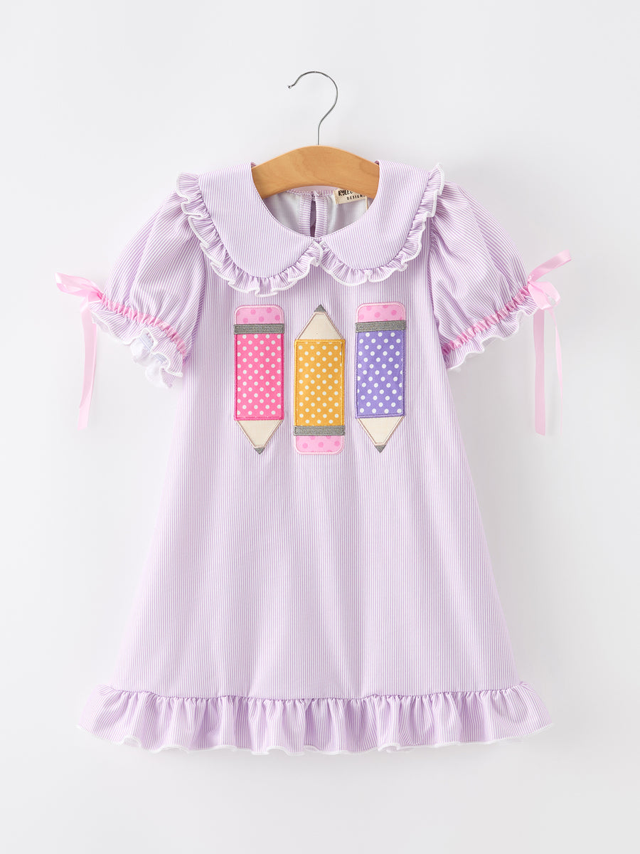Back To School Pencil Applique Girls Purple Dress Petals Collar Ruffle