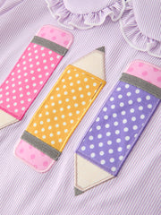 Back To School Pencil Applique Girls Purple Dress Petals Collar Ruffle