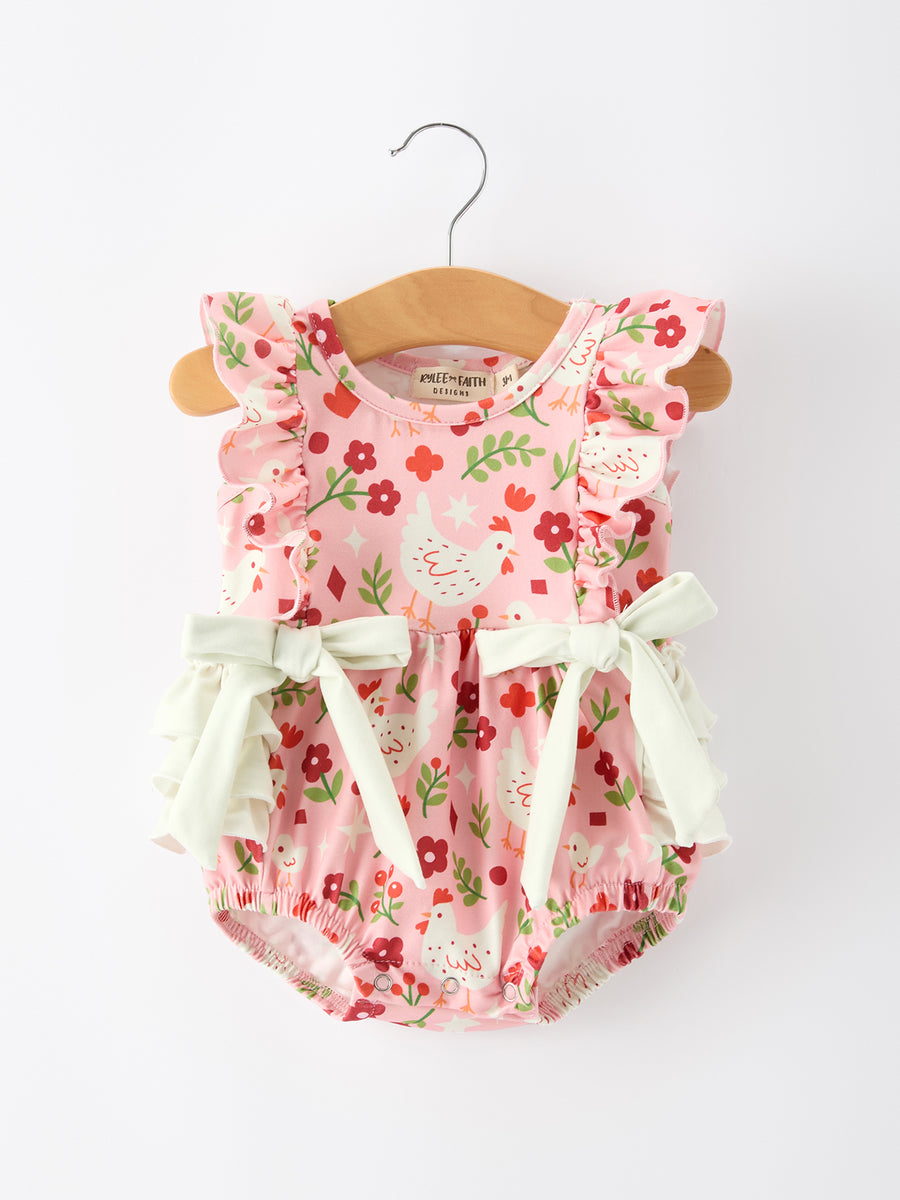 Spring Chicken Floral Girls Romper Bow Ruffle Strap Bubble