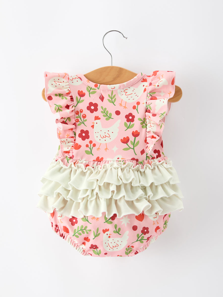 Spring Chicken Floral Girls Romper Bow Ruffle Strap Bubble