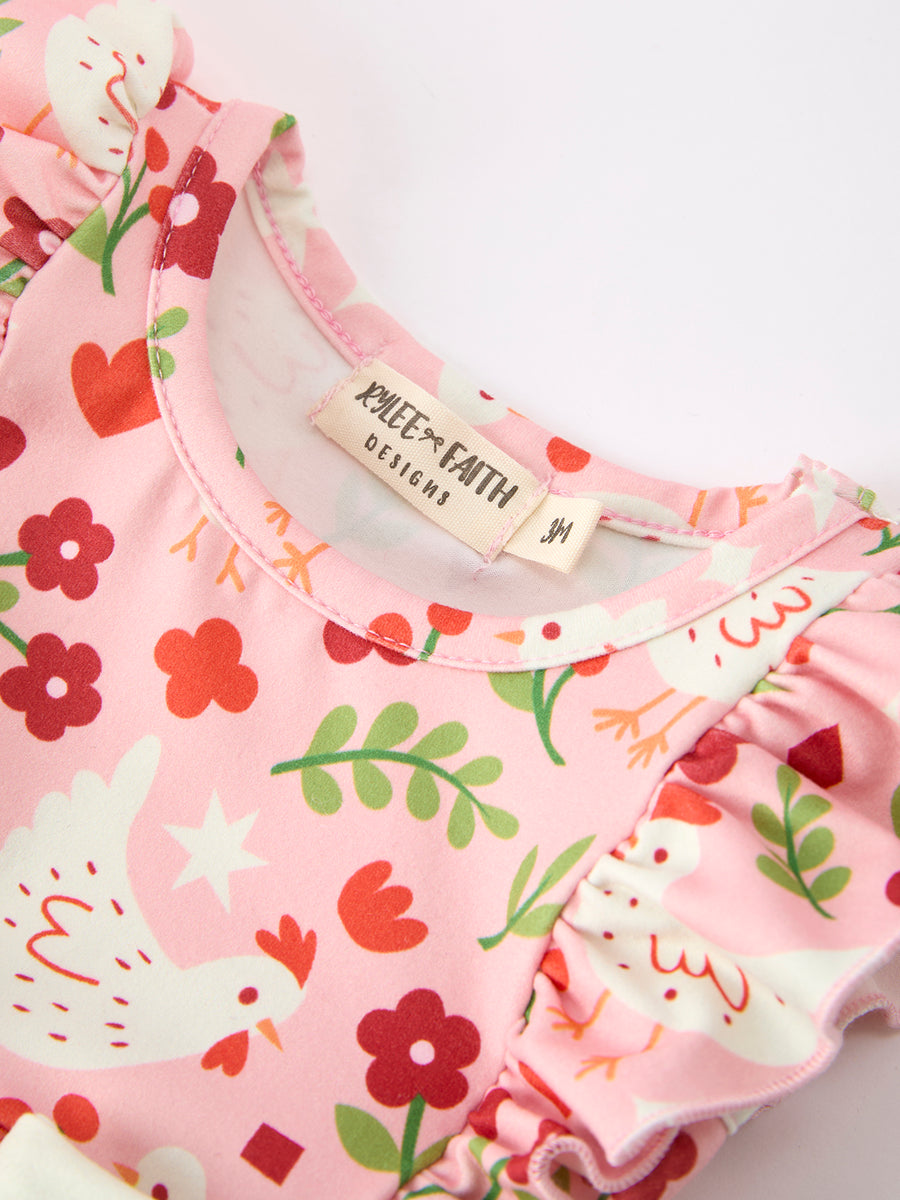 Spring Chicken Floral Girls Romper Bow Ruffle Strap Bubble