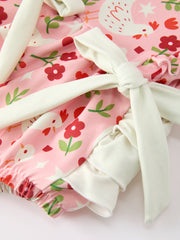 Spring Chicken Floral Girls Romper Bow Ruffle Strap Bubble