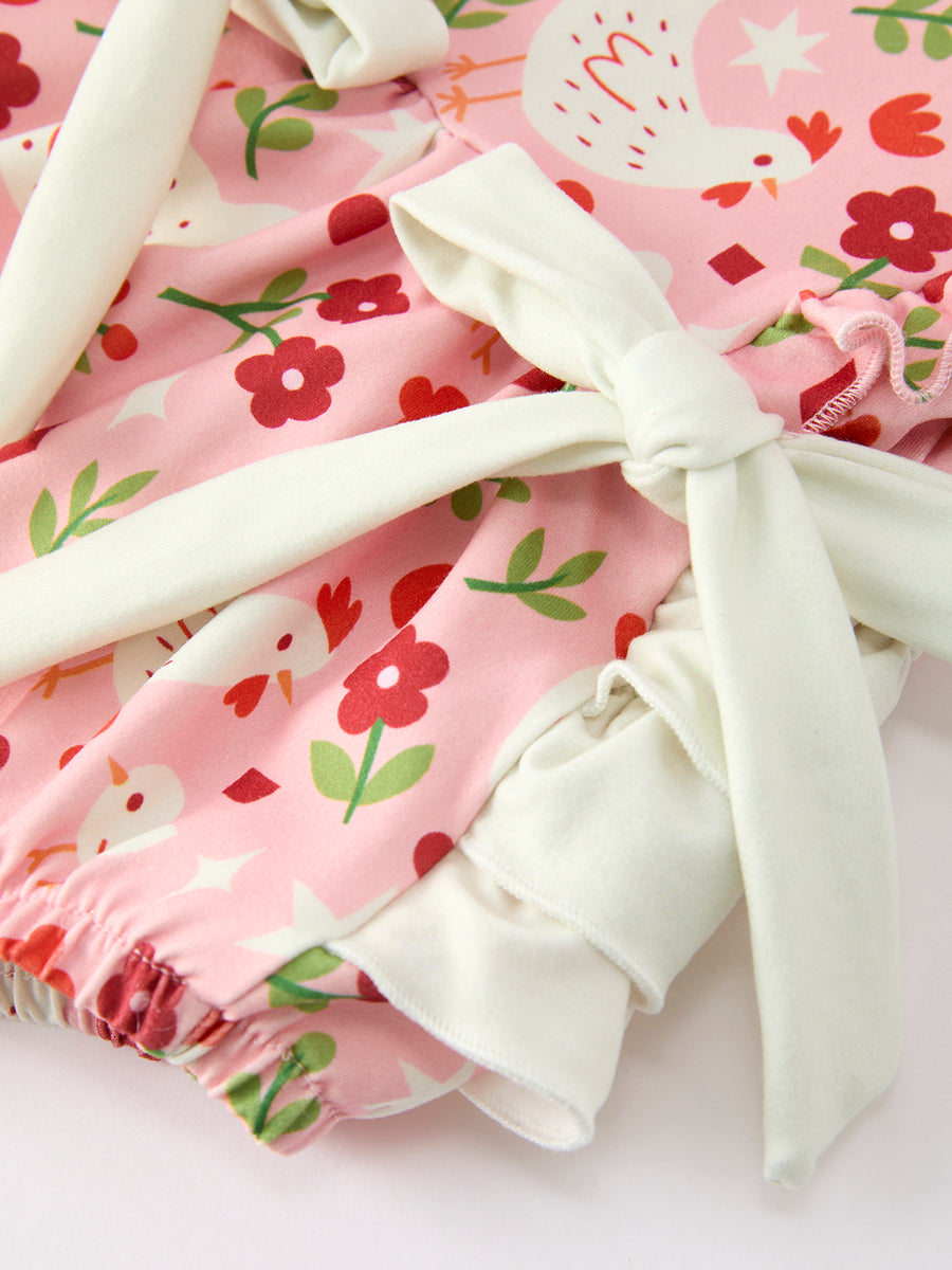 Spring Chicken Floral Girls Romper Bow Ruffle Strap Bubble