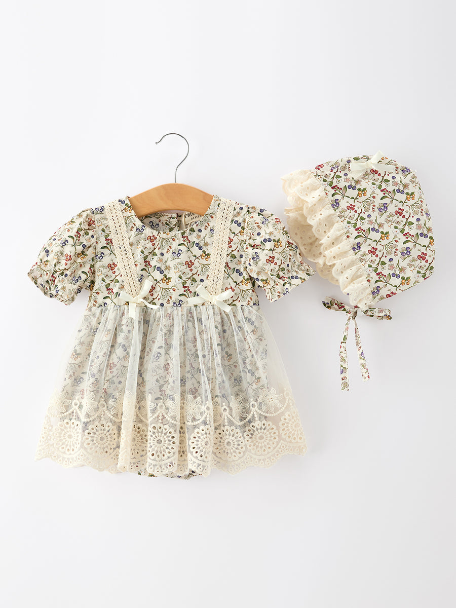 Floral Lace Baby Girl Romper With Bow Ruffle And Hat