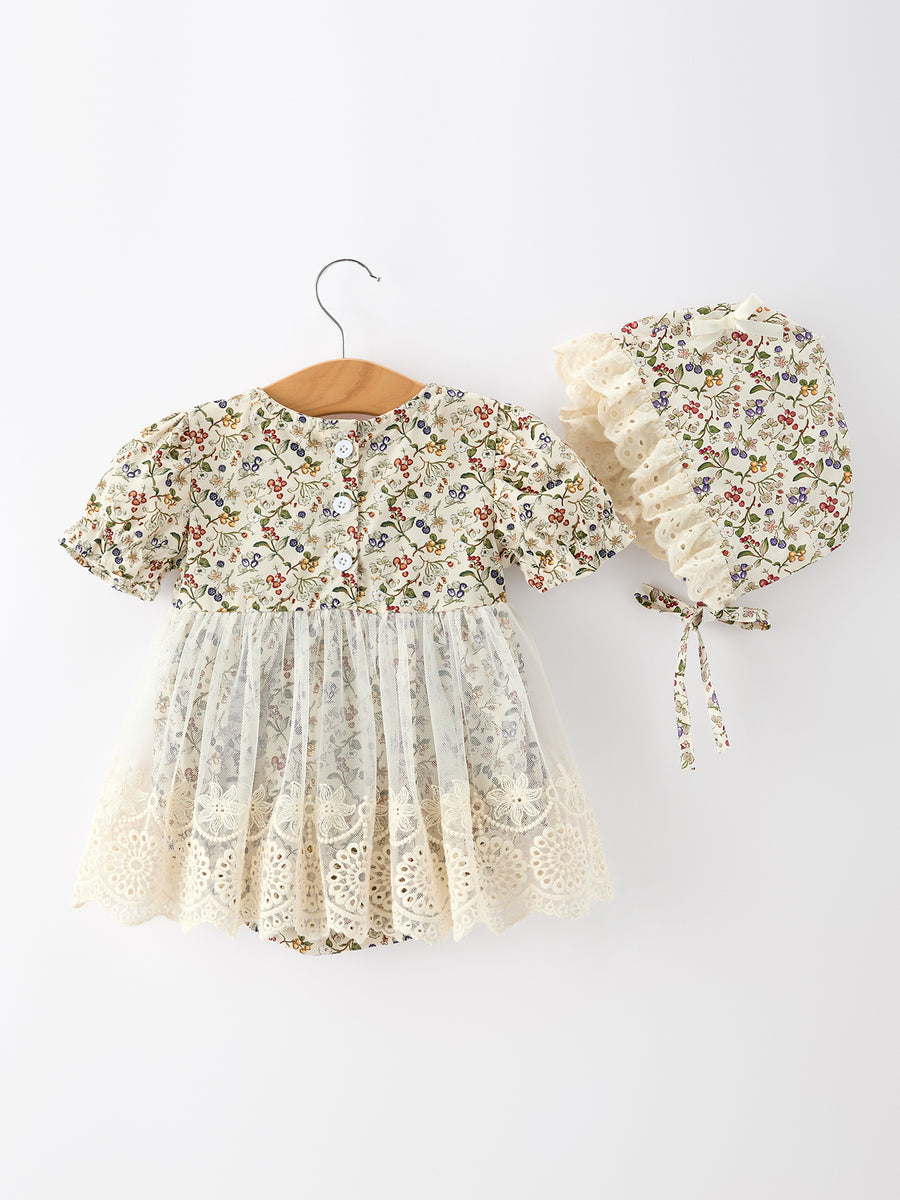 Floral Lace Baby Girl Romper With Bow Ruffle And Hat