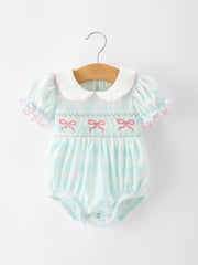 Spring Plaid Bow Girls Romper Smocked Petals Collar Puff Sleeve