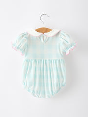 Spring Plaid Bow Girls Romper Smocked Petals Collar Puff Sleeve