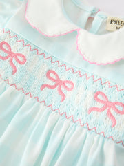 Spring Plaid Bow Girls Romper Smocked Petals Collar Puff Sleeve