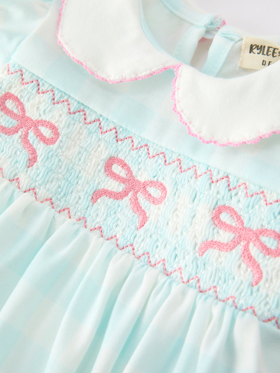 Spring Plaid Bow Girls Romper Smocked Petals Collar Puff Sleeve