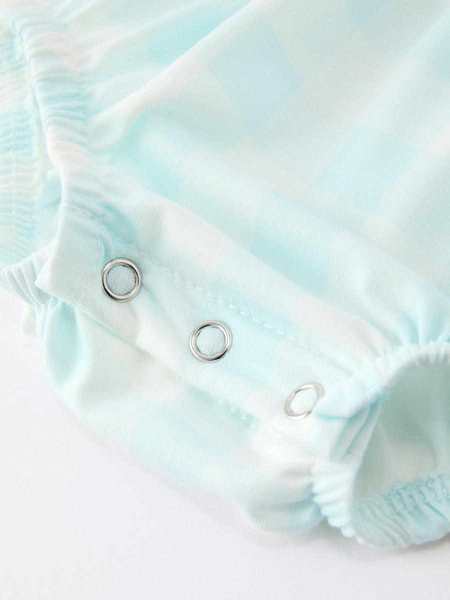 Spring Plaid Bow Girls Romper Smocked Petals Collar Puff Sleeve