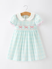 Spring Plaid Bow Girls Dress Smocked Petals Collar Puff Sleeve
