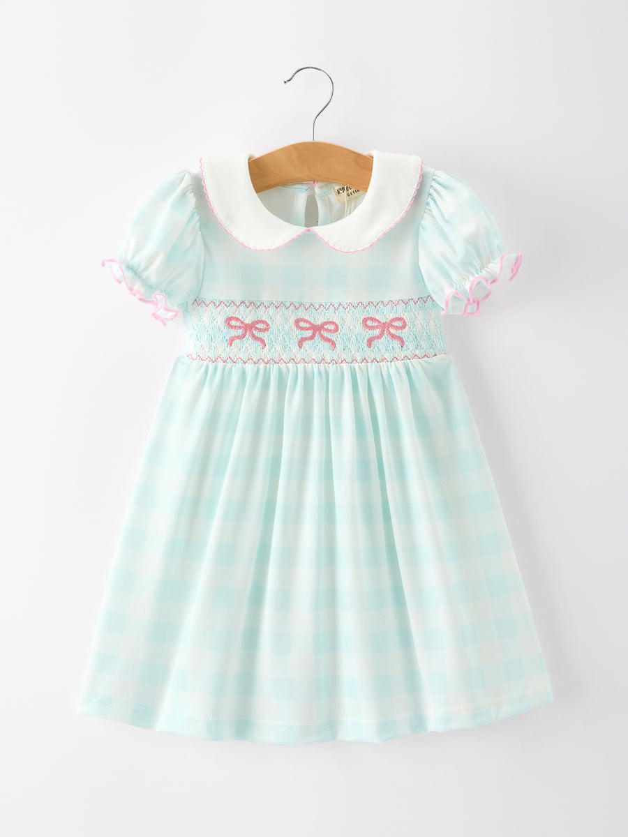 Spring Plaid Bow Girls Dress Smocked Petals Collar Puff Sleeve