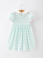 Spring Plaid Bow Girls Dress Smocked Petals Collar Puff Sleeve