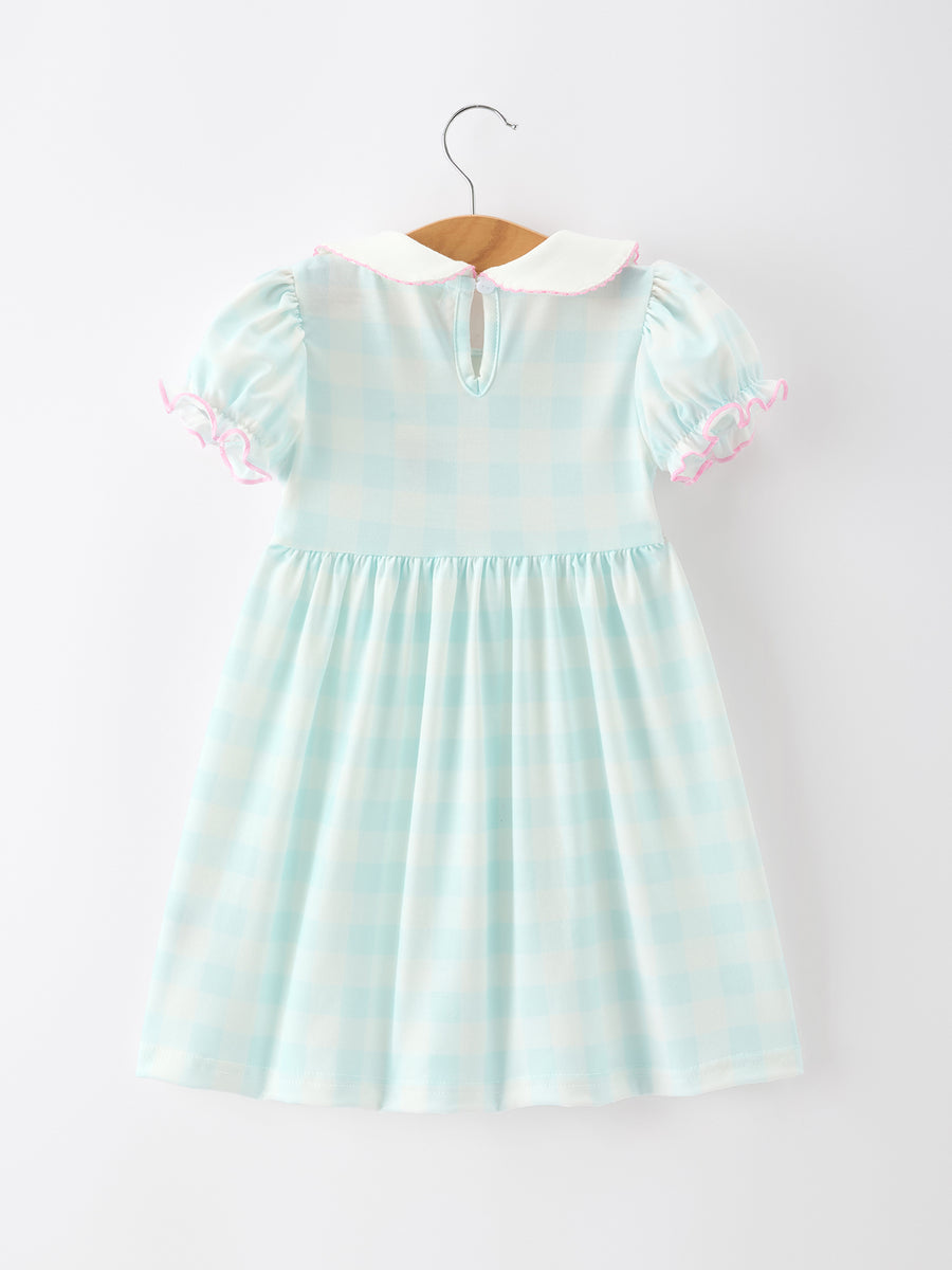 Spring Plaid Bow Girls Dress Smocked Petals Collar Puff Sleeve