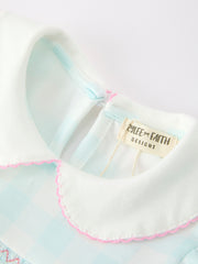 Spring Plaid Bow Girls Dress Smocked Petals Collar Puff Sleeve