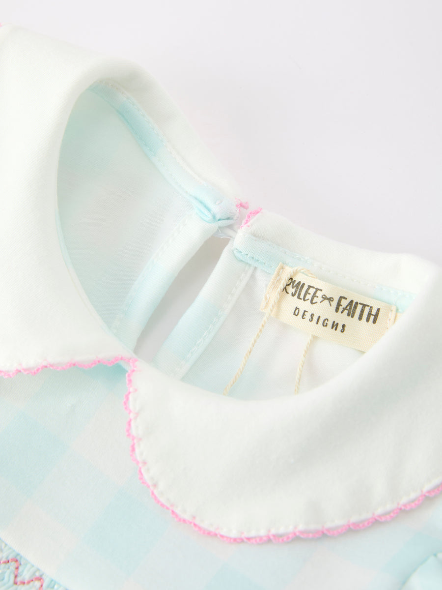 Spring Plaid Bow Girls Dress Smocked Petals Collar Puff Sleeve