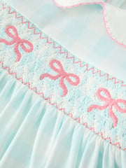 Spring Plaid Bow Girls Dress Smocked Petals Collar Puff Sleeve