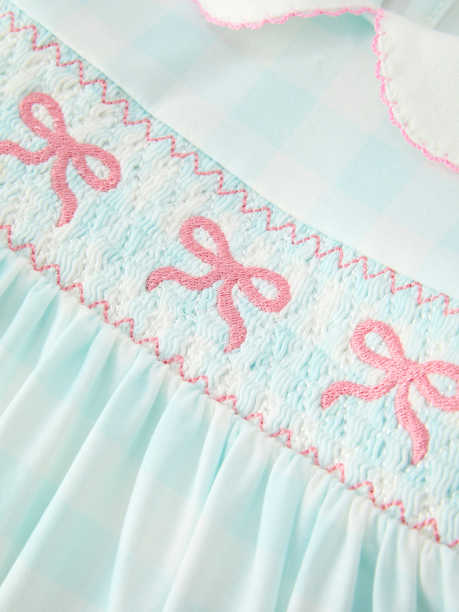 Spring Plaid Bow Girls Dress Smocked Petals Collar Puff Sleeve