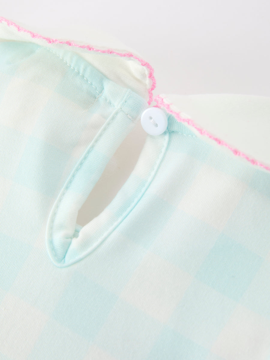 Spring Plaid Bow Girls Dress Smocked Petals Collar Puff Sleeve