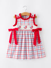 4th of July Plaid Flag Heart Girl Dress With Bow