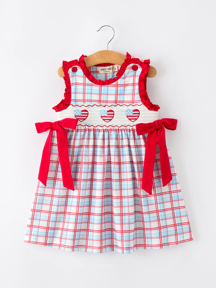 4th of july dress 4th of July Plaid Flag Heart Girl Dress With Bow 6