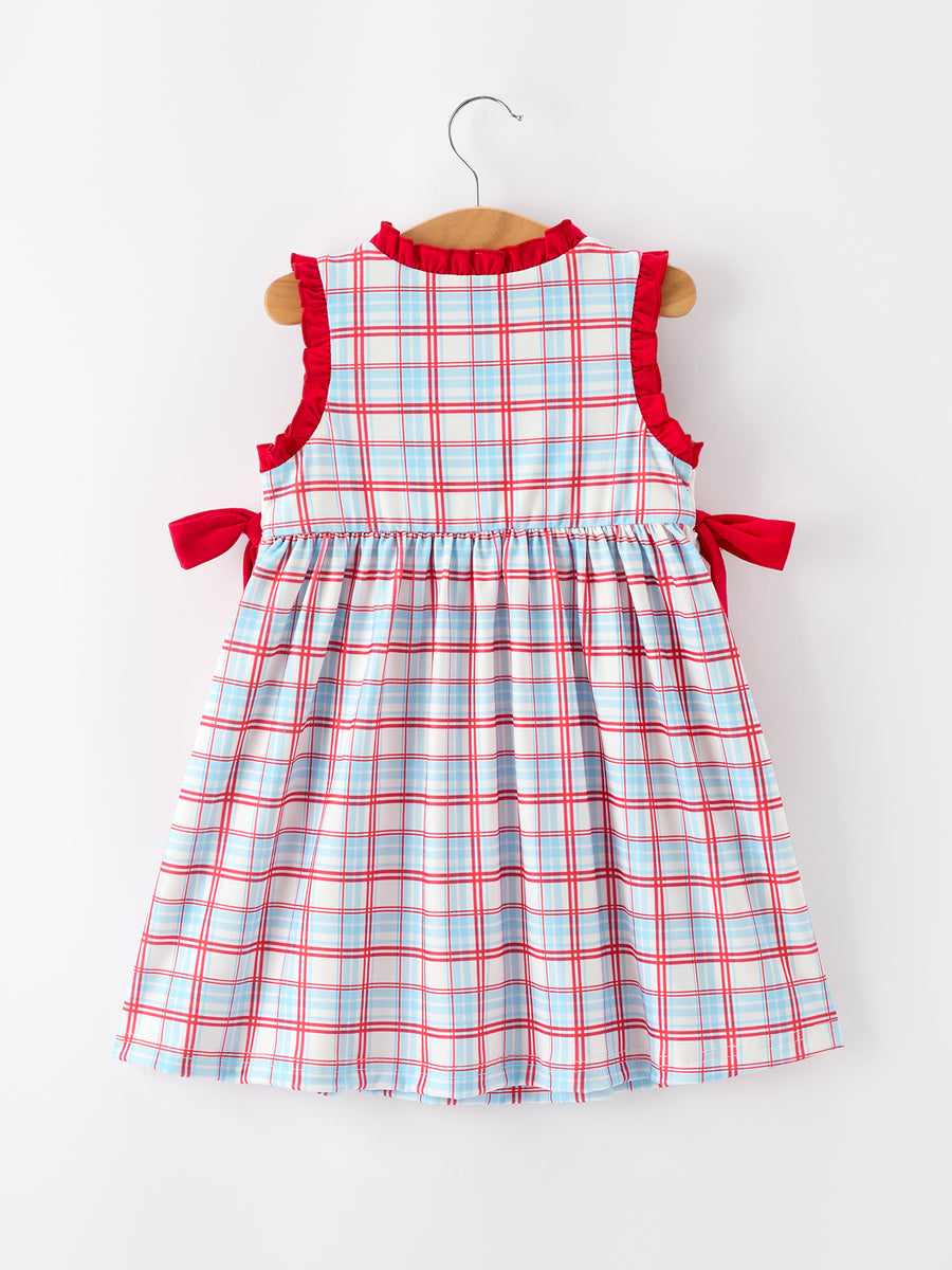 4th of July Plaid Flag Heart Girl Dress With Bow